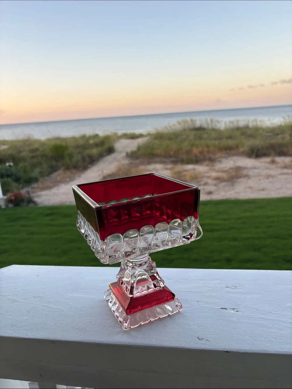 Ruby Red and Clear Glass Pedestal Bowl